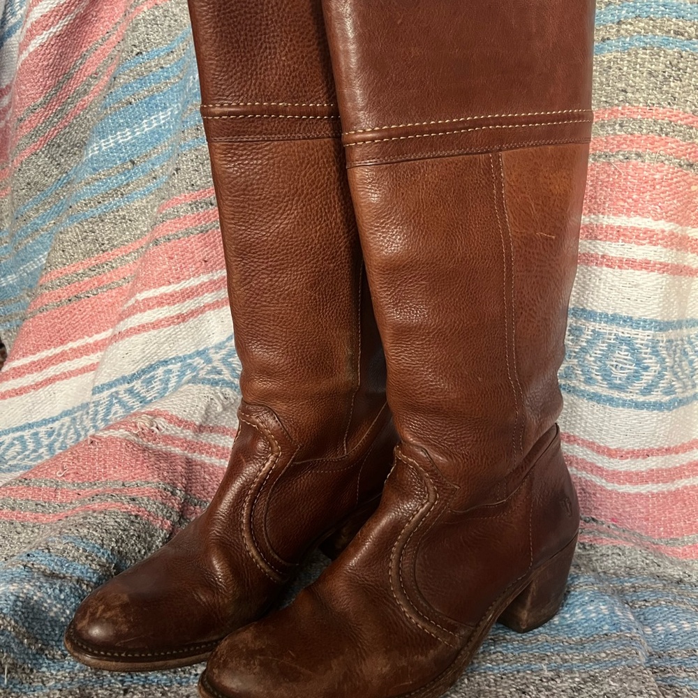Frye Cognac Brown Leather Heeled Boots 14" Shaft - Picture 11 of 13